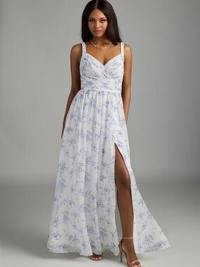 Azazie Chanel White & Blue Floral Maxi Dress Size A14